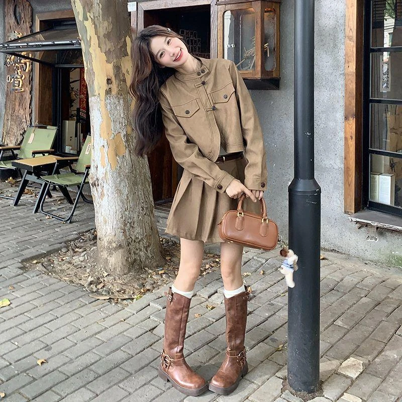 韩版复古咖色连衣裙套装女2025秋新款高级感小个子洋气减龄两件套