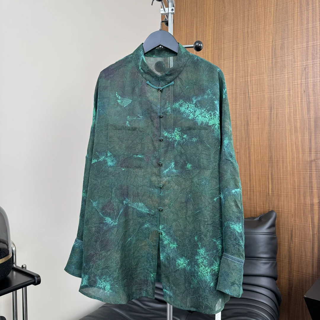 X708【扎染提花欧根纱香云纱】 慵懒随性复古高端桑蚕丝衬衫