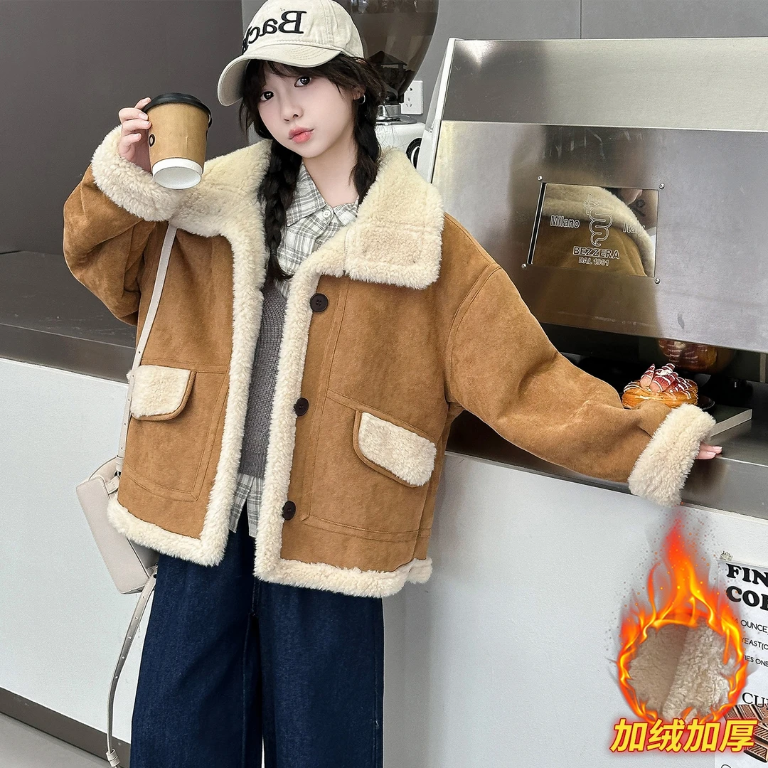 女童一体绒冬季外套超好看洋气百搭中大童女孩加绒加厚保暖上衣冬