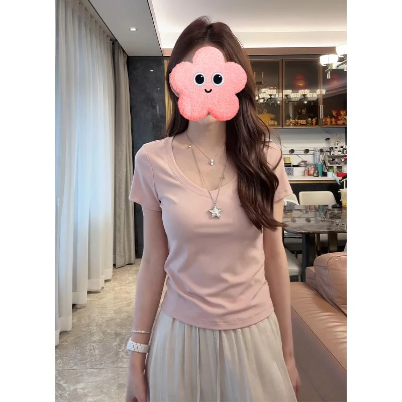 香朵儿气质百搭纯色短袖T恤女2025夏季新款欧诺风显瘦U领百搭上衣