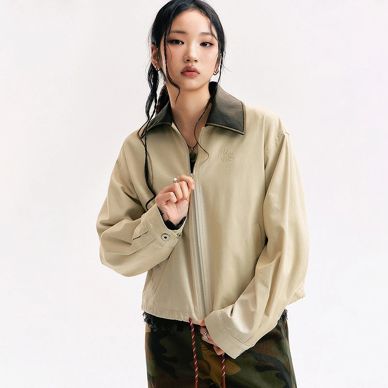 NO ONE ELSE美式复古女装秋季字母绣花宽松翻领夹克撞色拼接外套