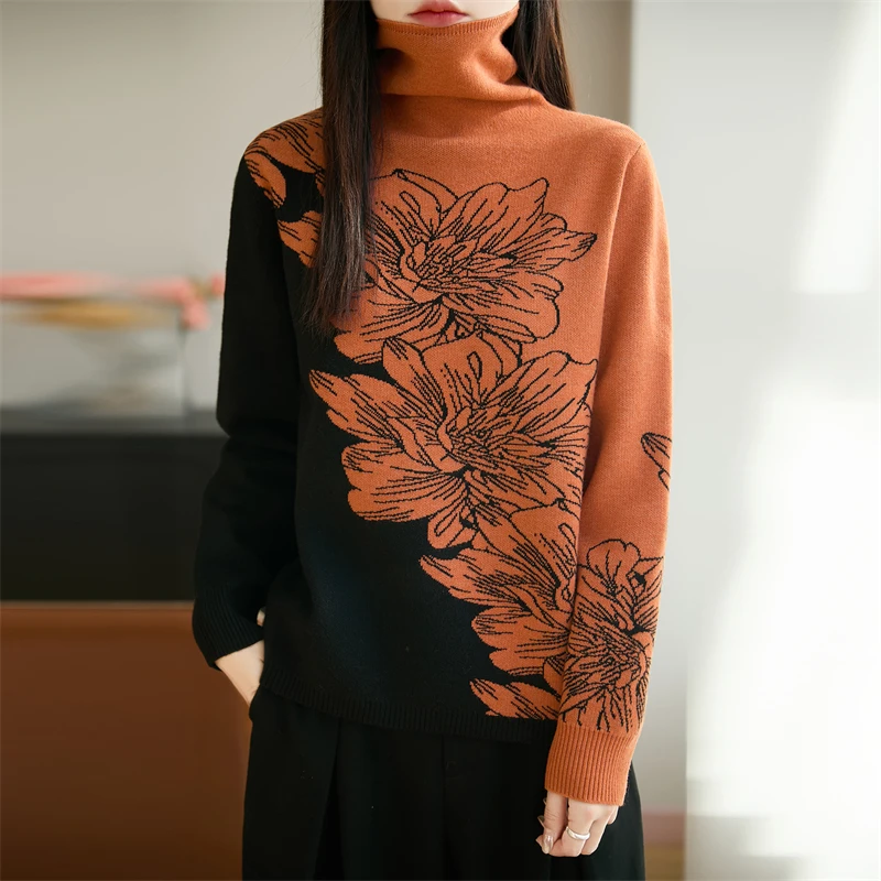 品牌时尚女装高领花朵提花毛针织衫拼色毛衣气质长袖打底衫外穿