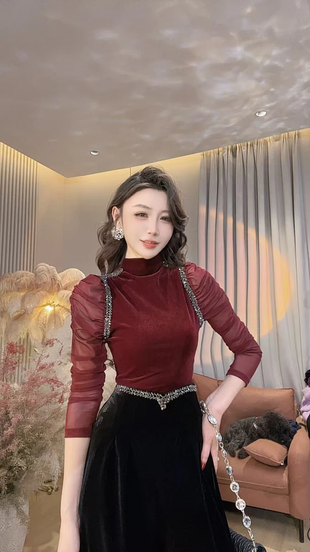 【美美专享】55335秋冬新款泡泡袖半高领钻边拼接网纱长袖上衣女