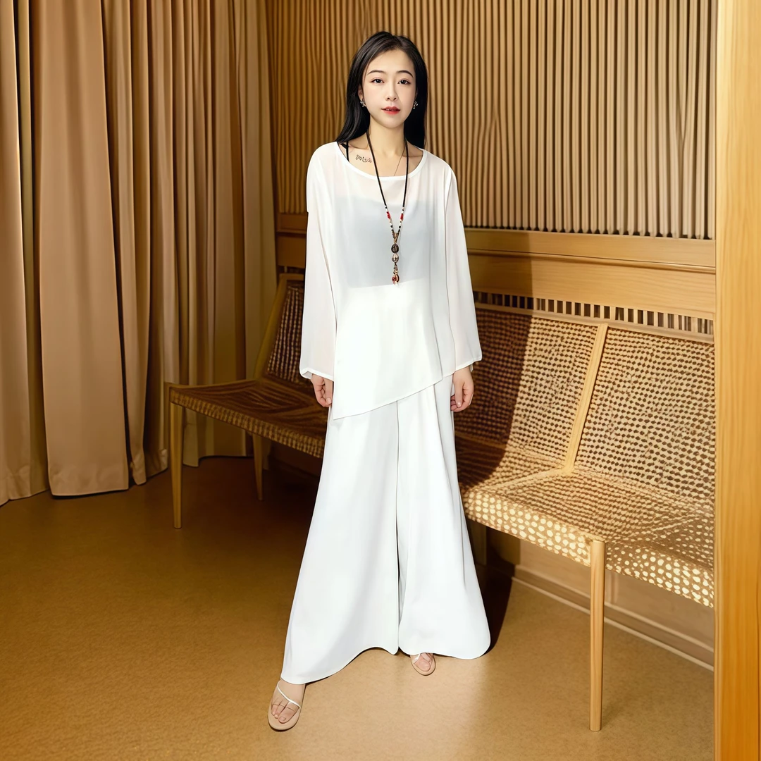 显瘦中式休闲风慵懒风套装夏季气质时尚宽松仙气罩衫0050（白色）