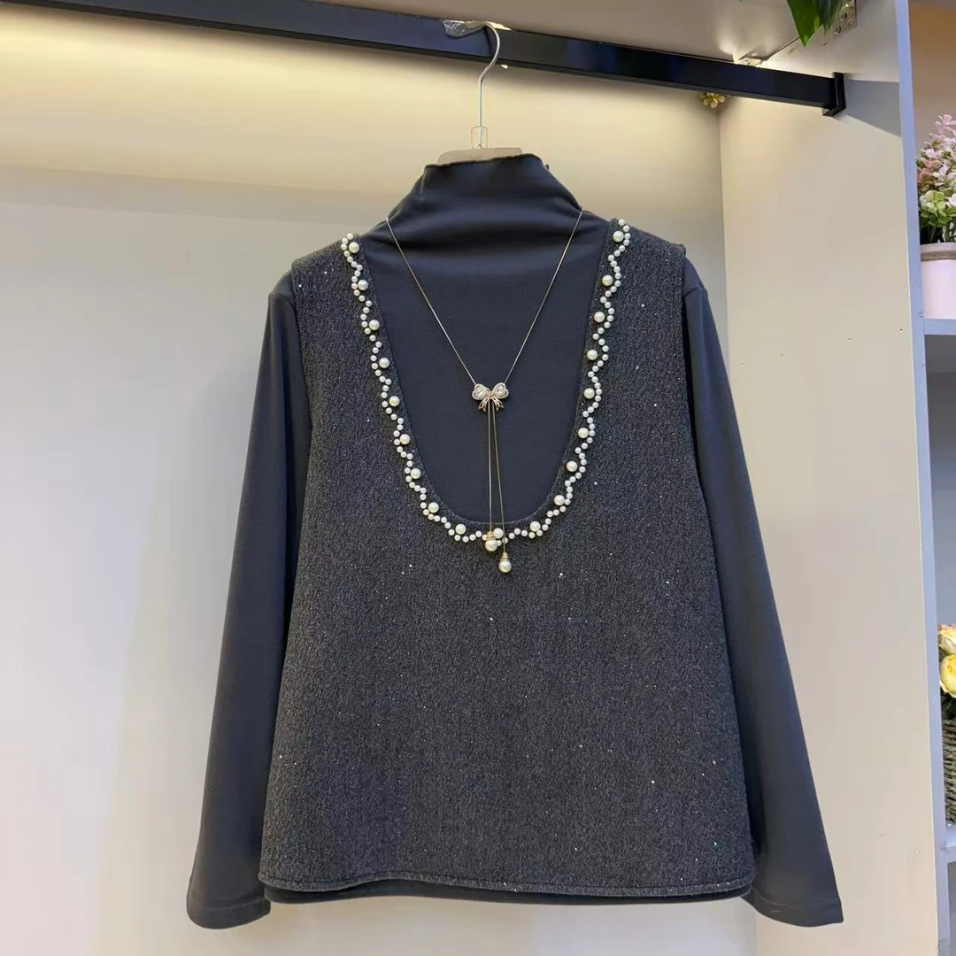 网红潮流亮片钉珠针织U领马甲女宽松中长款时尚套装