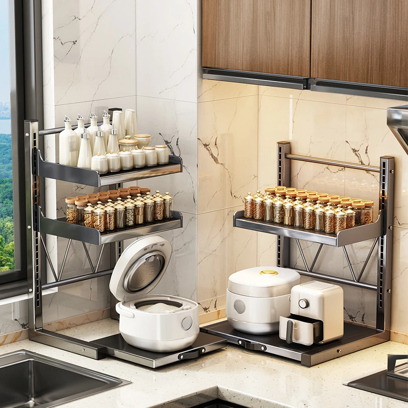 家用厨房调料品置物架台面多层电饭煲架子多功能抽拉调味料收纳架
