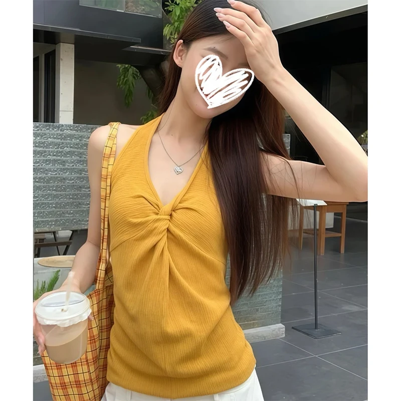 辣妹纯欲扭结V领挂脖露背背心吊带女夏季修身显瘦独特别致小上衣