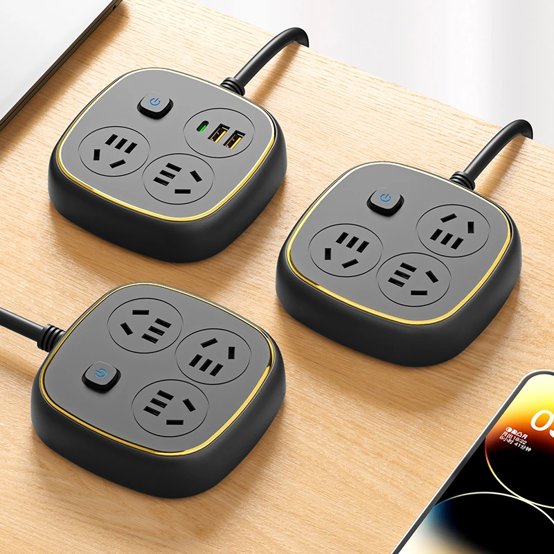 正品官方家用品颜值插座多功能黑金方形桌面插线板带USB充电排插