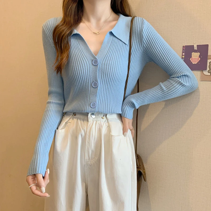 蓝色Polo领坑条上衣f249