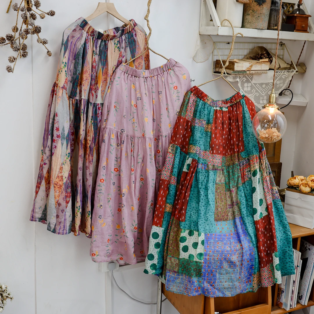 美村森系民族风田园原创女装2025新款苎麻松紧腰半身长裙女碎花