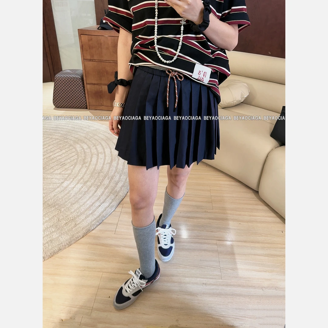 BEYO&CIGA高定春款抽绳系带海军蓝百褶裙半身裙