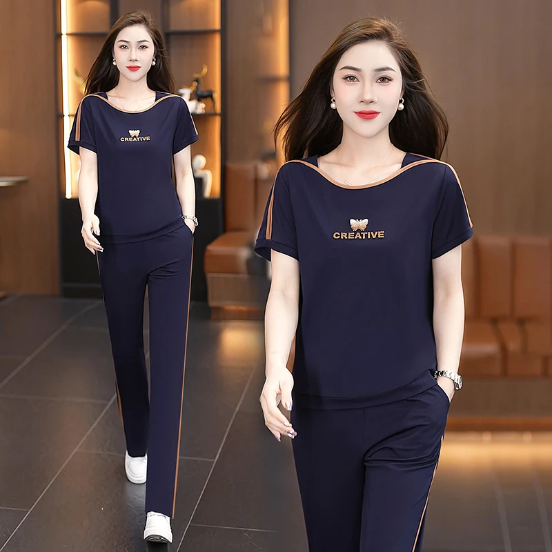 夏季新款短袖休闲套装2025显瘦气质女士时尚运动服两件套圆领