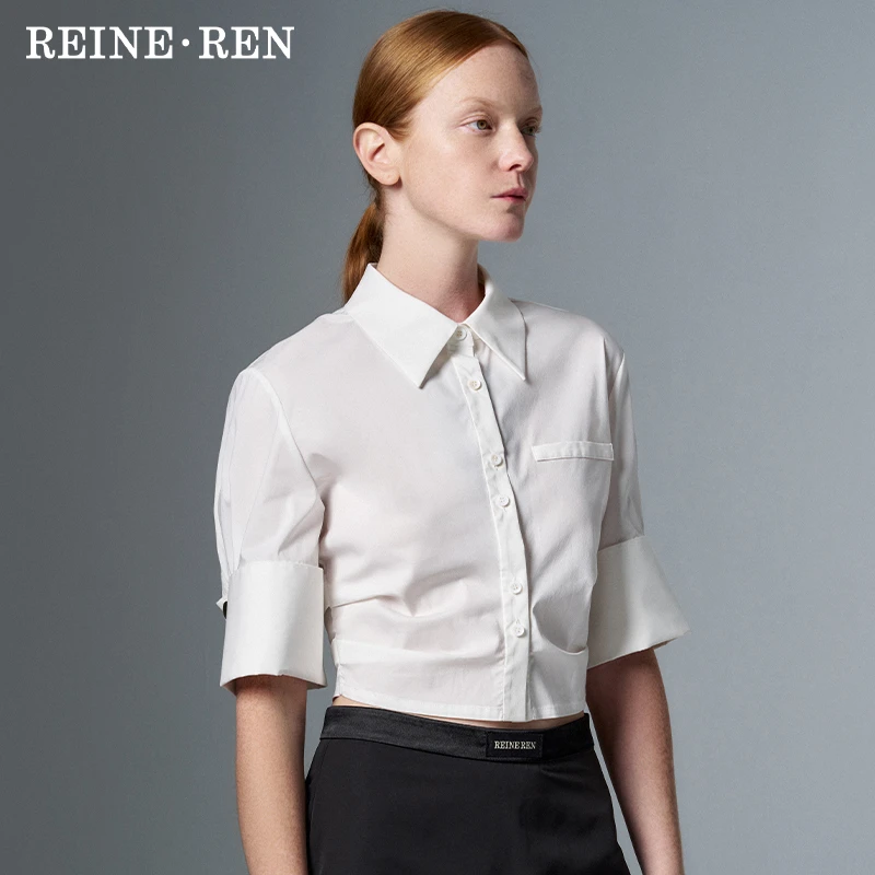 REINEREN任茜春夏时尚百搭高腰捏褶白色棉弹修身短衬衫