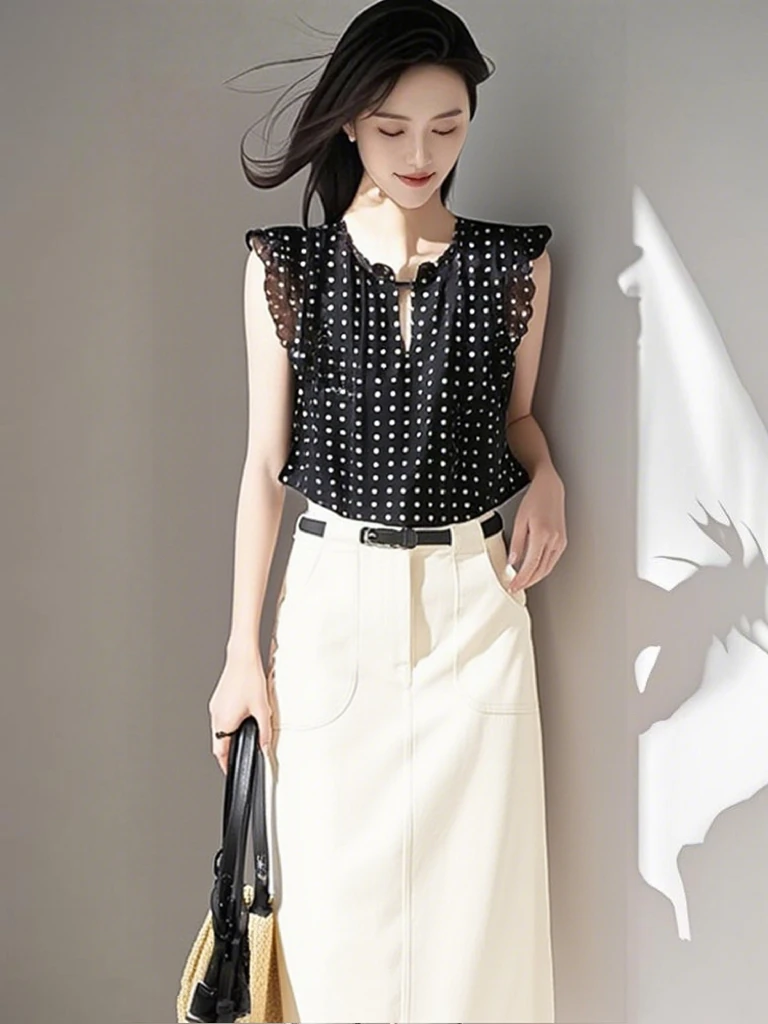 时尚复古黑色波点洋气减龄上衣显瘦米白色半裙两件套小衫气质夏季