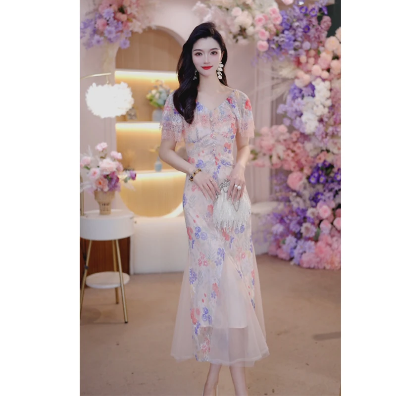 2025夏季新款气质轻奢名媛优雅收腰法式印花女装短袖连衣裙6155