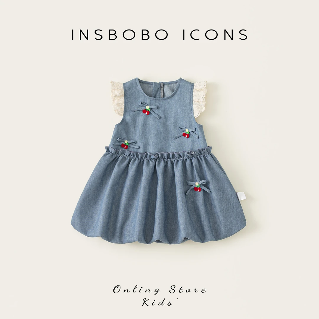 INSbobo女童牛仔连衣裙夏季新品薄款裙子蝴蝶结无袖连衣裙XQ25074