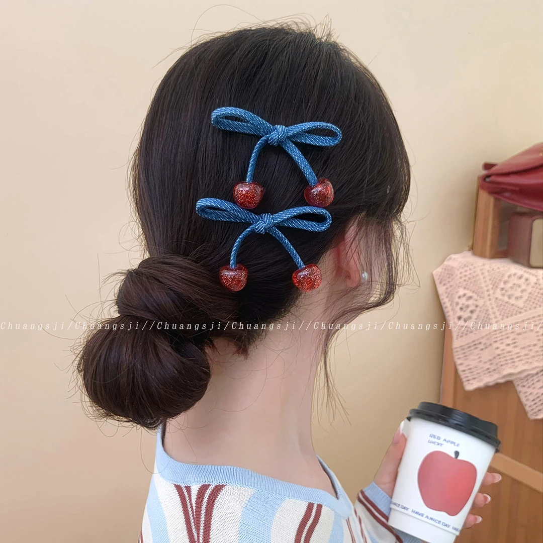 牛仔蝴蝶结樱桃发夹女侧边夹前额碎发刘海夹2025新款高端夹子头饰