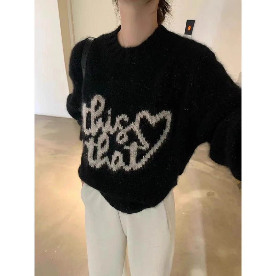 /字母提花套头/爱心复古宽松针织套头毛衣 衣长58 胸围55 93779