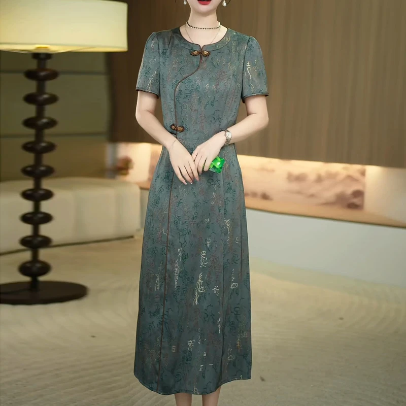 印花中式复古短袖圆领连衣裙女2025夏季新款时尚气质高级感长裙子