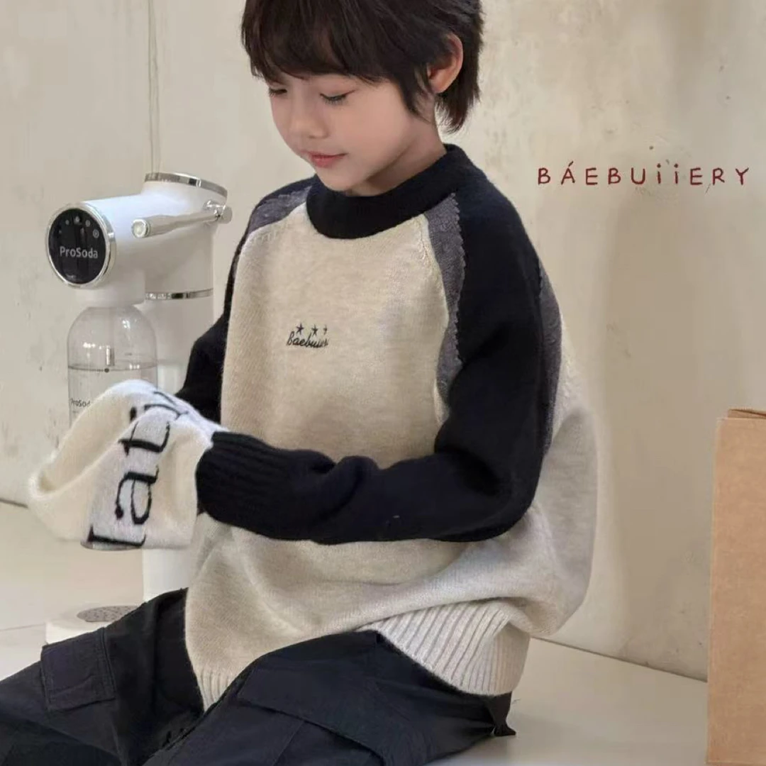 529038。童装秋冬季加厚保暖拼色针织衫中大童毛衣打底内搭