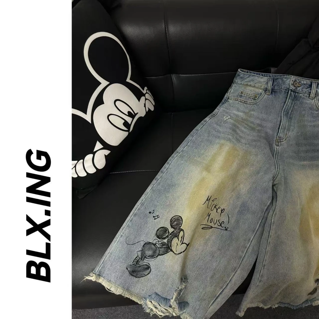 BLX--243新款韩版ins风设计师款卡通米奇破洞印花短裤裤子牛仔