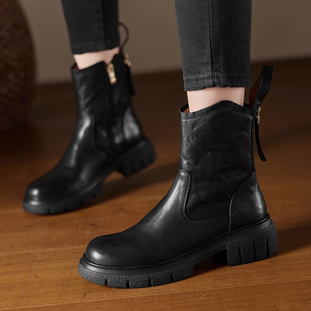 3.5cm圆头后拉链厚款马丁靴牛皮瘦瘦靴厚底百搭学院风机车靴短靴