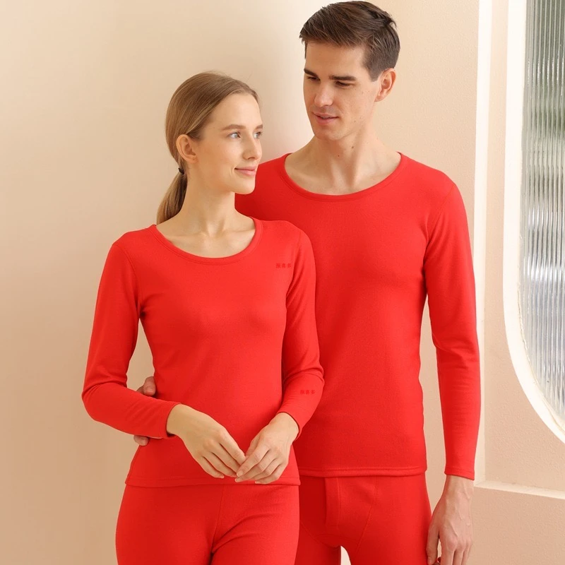 山羊绒桑蚕丝大红色本命年保暖内衣套装男女士情侣套装加厚加绒
