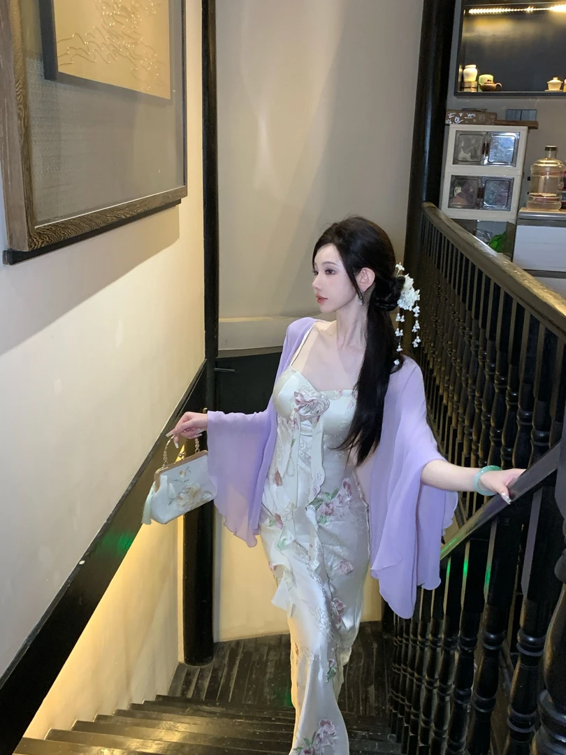 【雅乔定制】桃枝春色 桃花刺绣吊带连衣裙DYYK-24122186