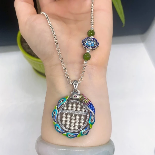 吊坠足银珐琅 七牌银楼凤凰算盘如意时尚纯手工民族风坠链