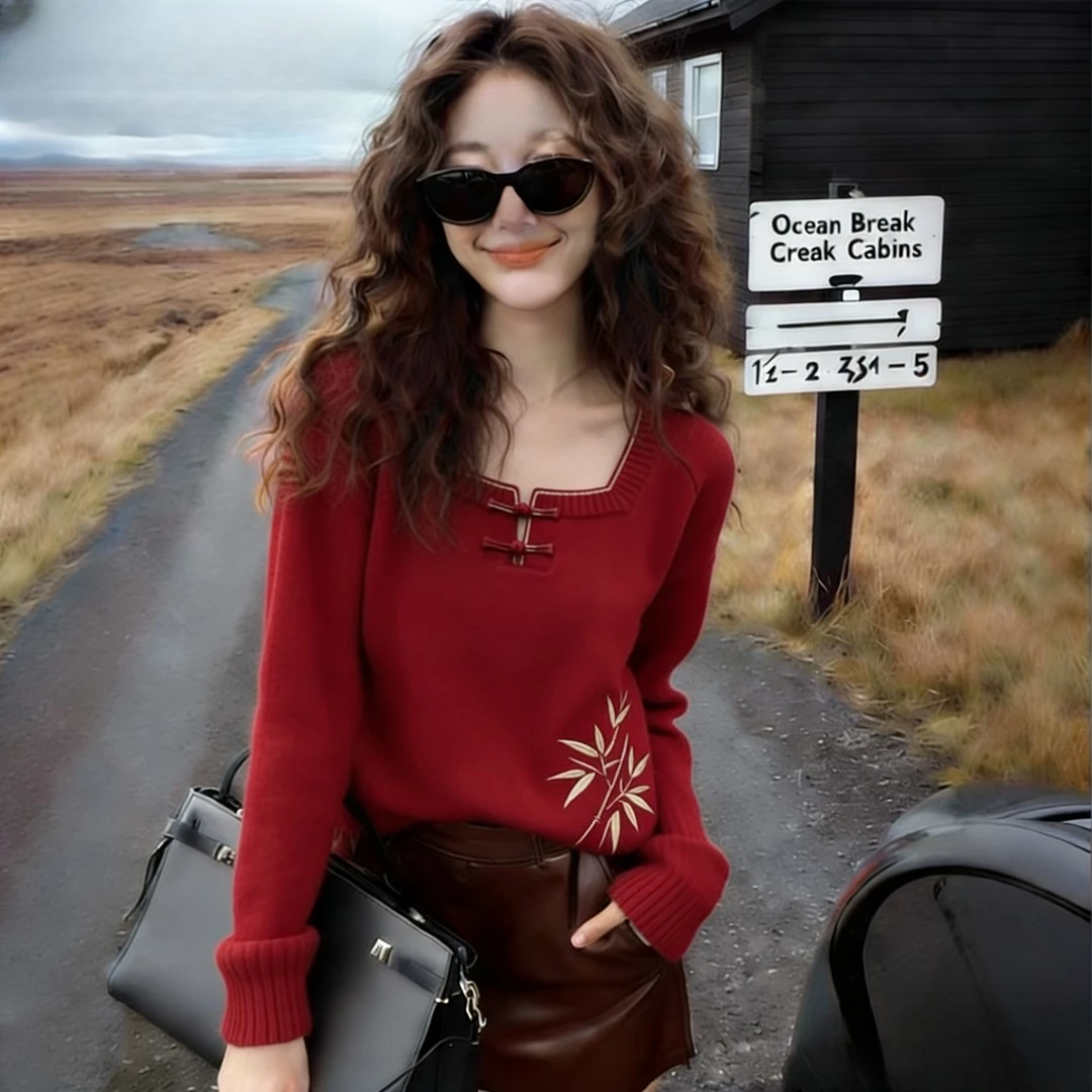 2026春季爆款针织衫上衣女气质减龄舒适方领新年圣诞显瘦长袖上衣