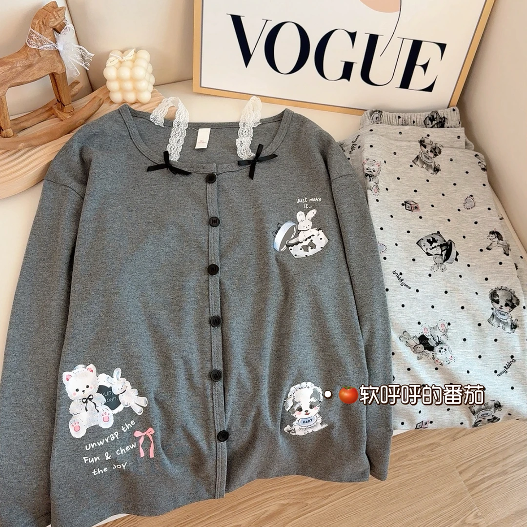 萌崽企划｜睡衣女春秋带胸垫假两件长袖棉可外穿兔子家居服套装