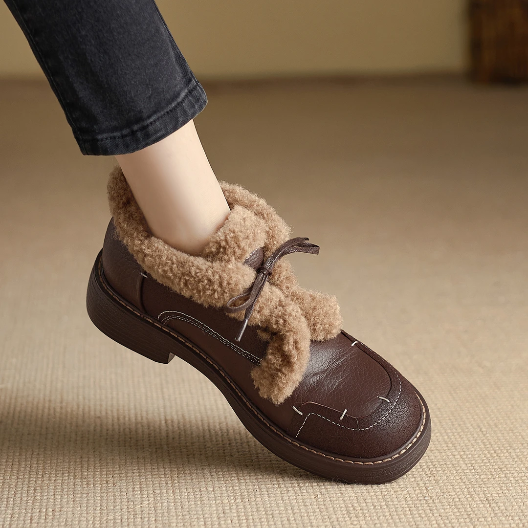 3.5cm~真皮复古学院风秋冬加绒乐福鞋百搭通勤毛毛单鞋东北大棉鞋