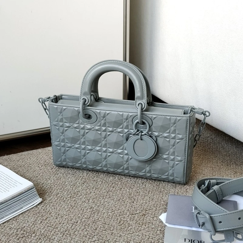 95新 DIOR/迪奥 54272/Azul-灰色钻石藤格纹D-Joy横版戴妃单肩包