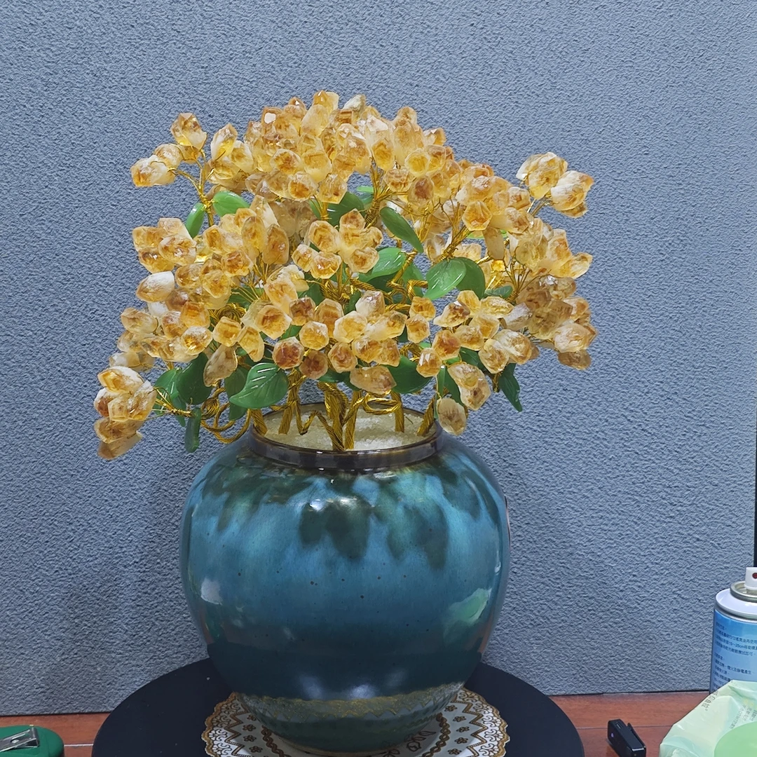 【卓越轻奢原创】天青色黄水晶自然感触陶瓷圆坛摆件纯手工点缀