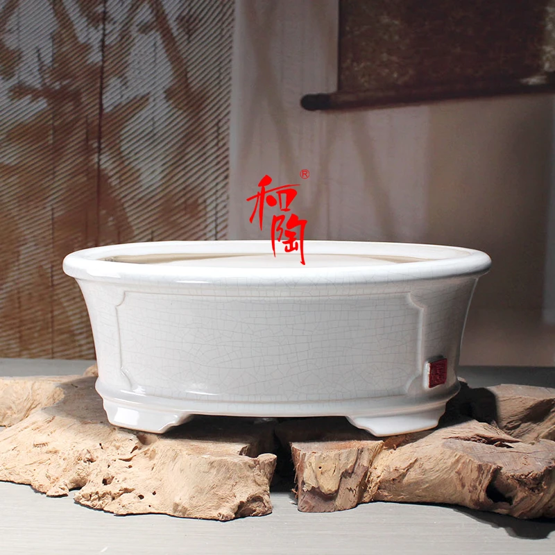 中式简约复古陶瓷冰裂釉椭圆形大号盆栽盆景陶瓷花盆客厅老桩花盆