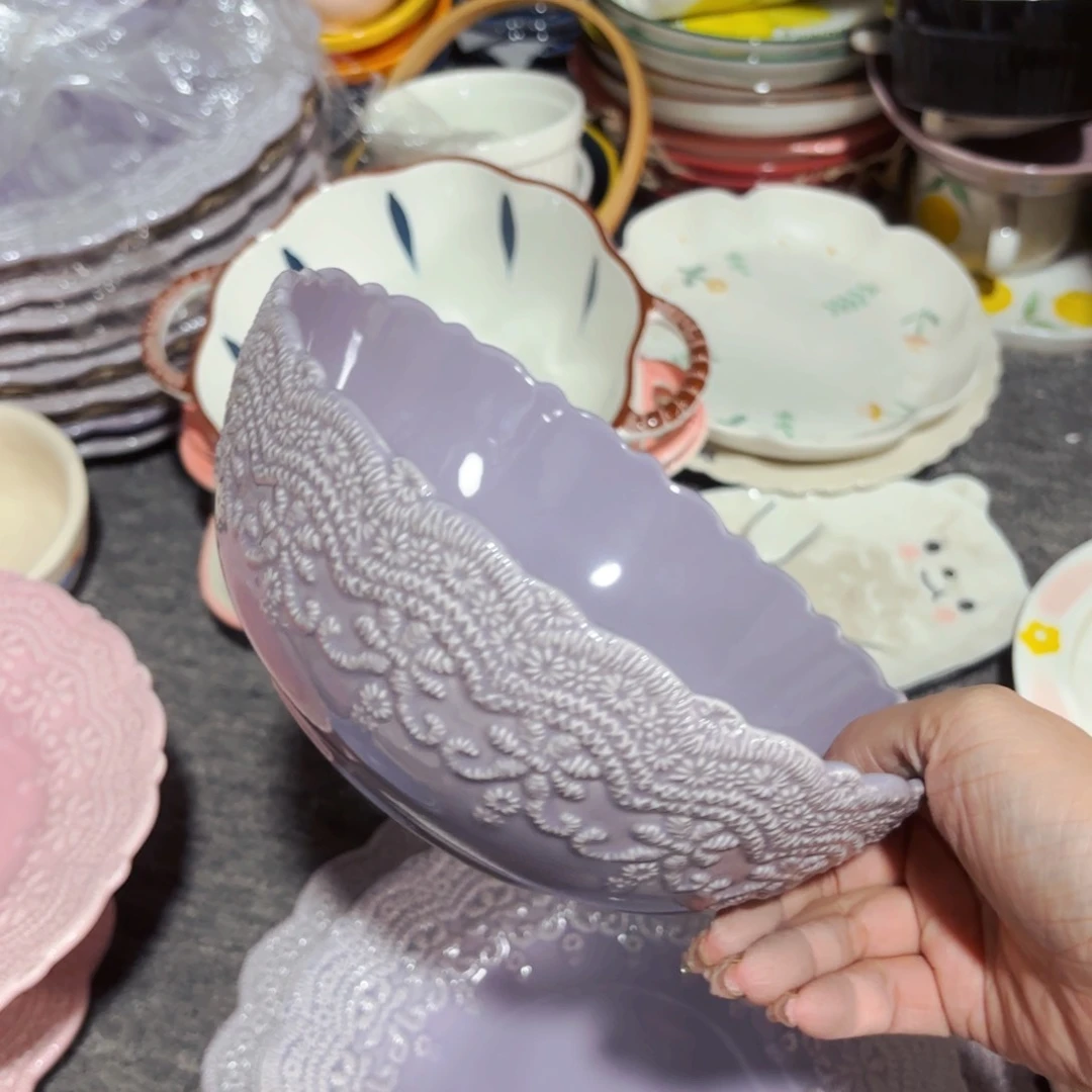 陶瓷重工紫色蕾丝浮雕八寸汤饭碗