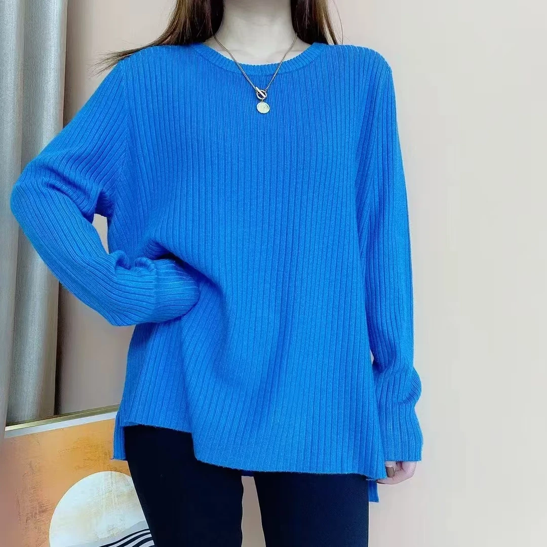 休闲圆领套头款毛针织衫女毛衣长袖前短后长侧开叉打底衫冬季纯色