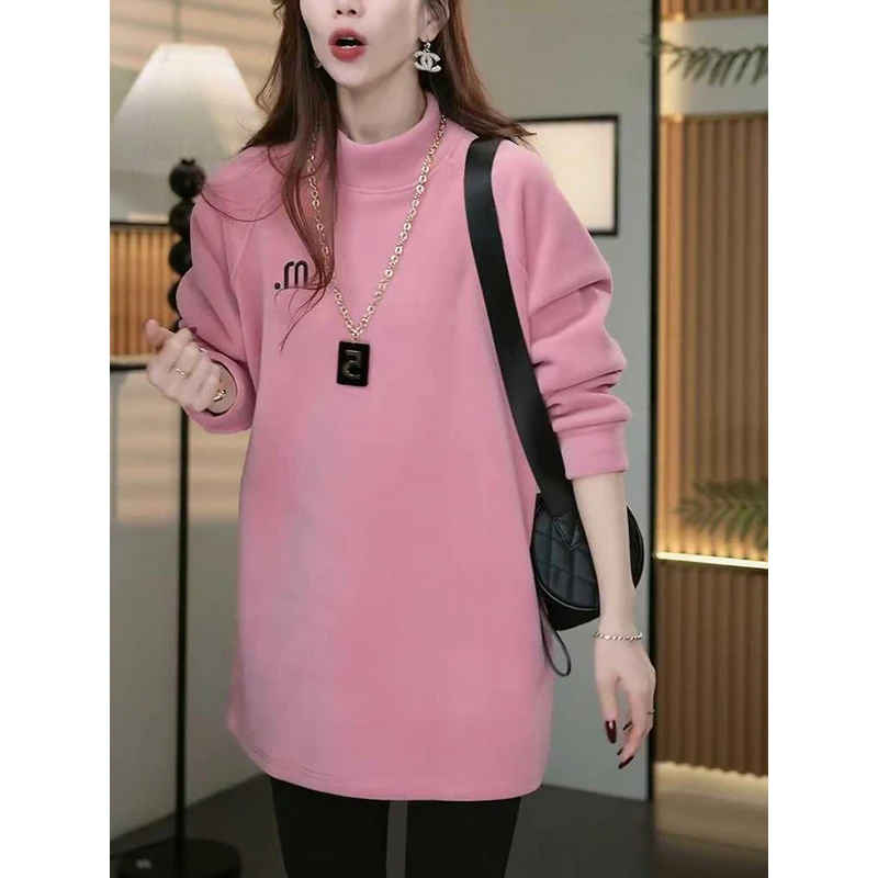 大码双面德绒半高领打底衫女秋冬季新款宽松显瘦长袖保暖上衣女装