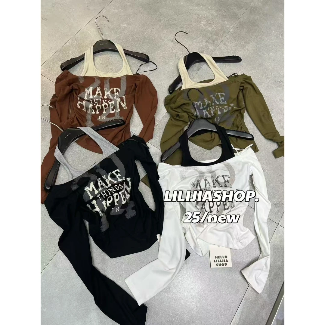 2025秋季新款美式复古印花辣妹修身挂脖斜领露肩长袖T恤女两件套