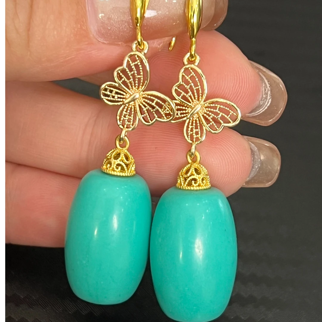 非金属珐琅耳饰 蓝色松松桶型复古绿色气质精美耳坠