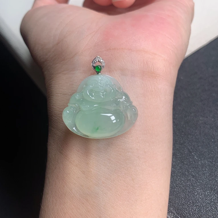 天然缅甸a货翡翠18k金镶嵌细糯冰起胶佛公精美吊坠28x26x6.3mm