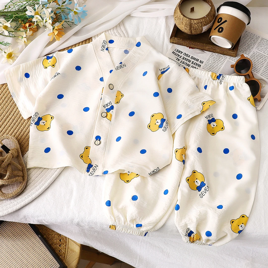 儿童睡衣夏季薄款云朵棉开衫男童女童休闲空调服宽松家居服套装