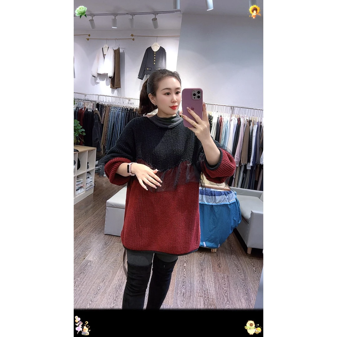 #2160女拼接针织圆领拼色韩版毛衣搭芭比裤上衣