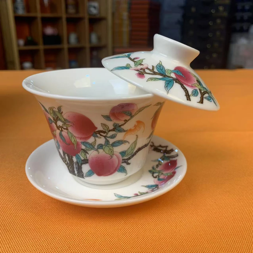 【闪购商品】九桃五福羊脂玉盖碗