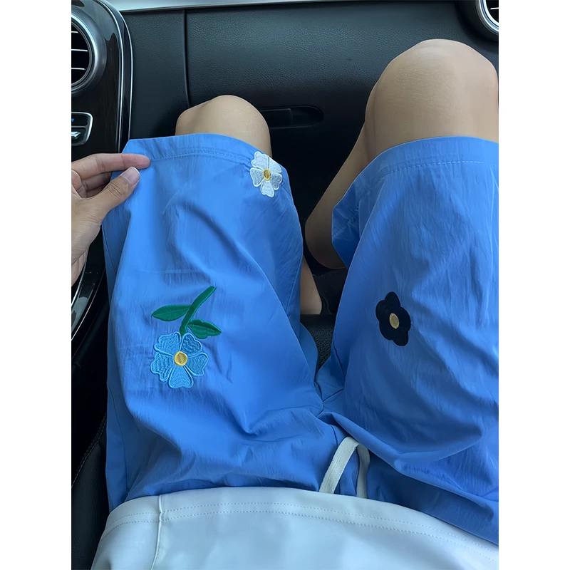 花朵刺绣五分裤子男夏季薄款冰丝速干沙滩短裤美式休闲运动中裤子
