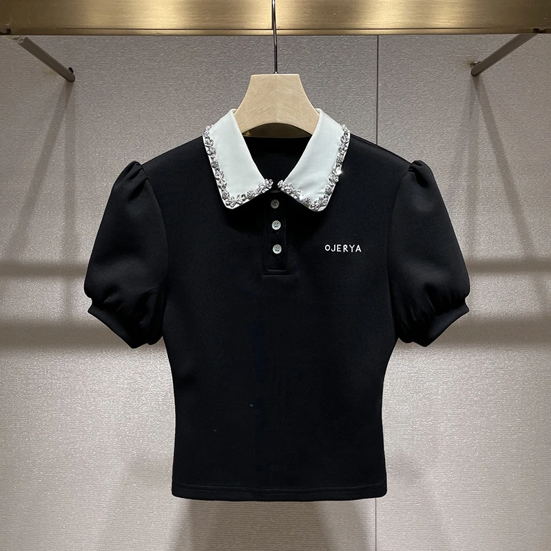 短袖上衣女高级感2025春夏新款撞色拼接镶钻polo领泡泡袖T恤短款