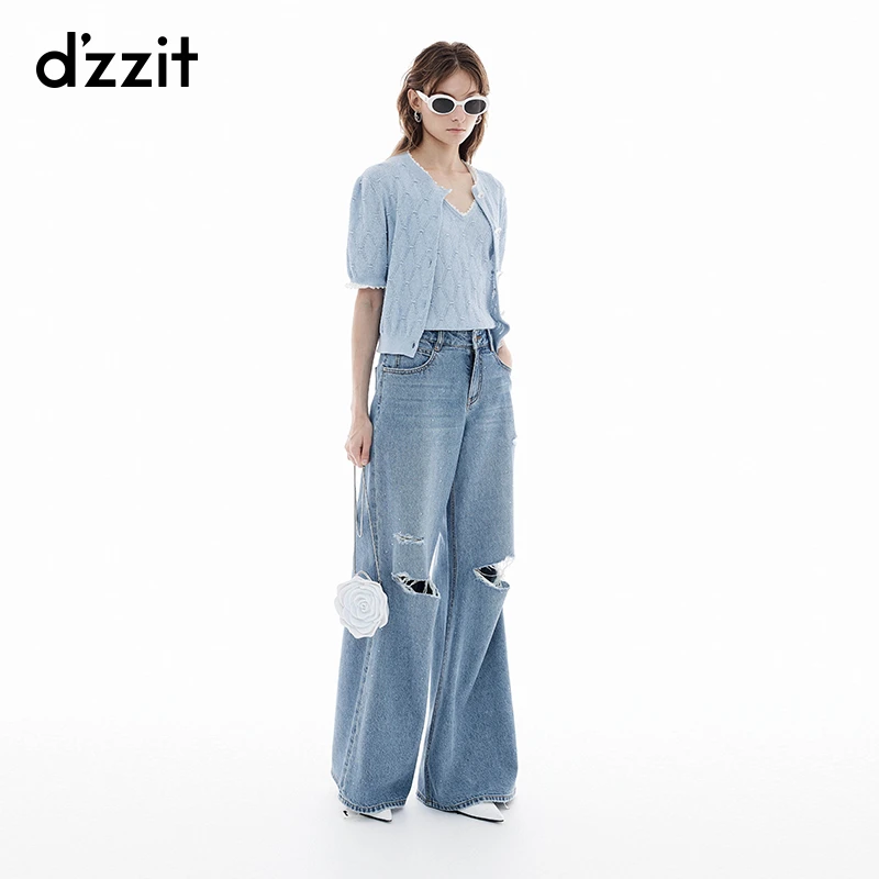 【商场同款】dzzit地素破洞牛仔裤夏烫水钻纯棉喇叭裤女3J2R803