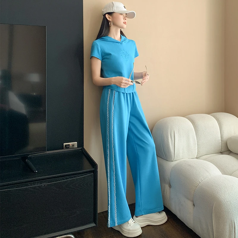 超火2025夏天休闲运动套装女搭配一整套蓝色减龄洋气阔腿裤两件套
