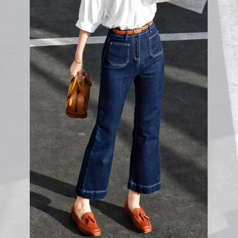 【设计师】澳门流行深蓝色微喇牛仔裤2025新款女早秋小个子高腰洋气