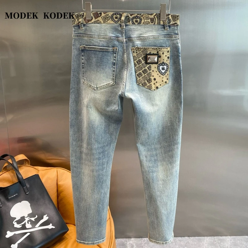 MODEK KODEK春夏新款男士印花复古长裤高品质潮牌修身小脚牛仔裤